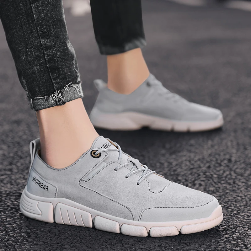 

Gray Suede Leather Men Shoes Rubber Sole Casual Shoes Outdoor Mens Sneakers Breathable Leisure Male Footwear Trend Youth Shoes