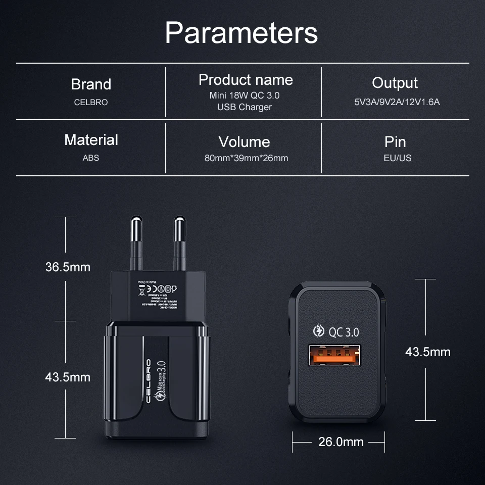 18 Вт Usb зарядное устройство Быстрая зарядка 3 0 QC3.0 портативный зарядный разъем ЕС