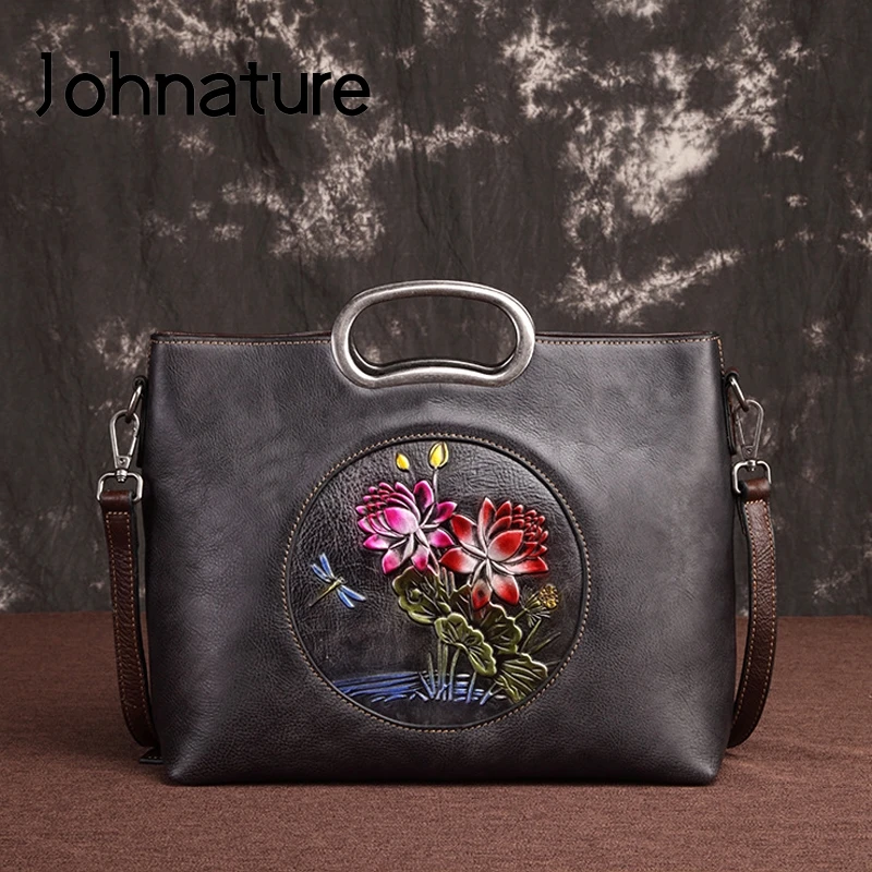 

Женская винтажная сумка из натуральной кожи Johnature, сумка ручной работы с тиснением, с застежкой из воловьей кожи, с цветочным принтом, сумка ...