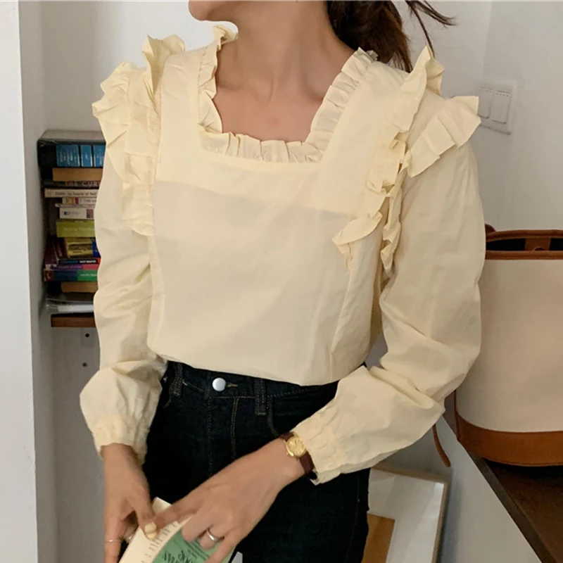 Осенние футболки с длинными рукавами и оборками рубашка в ретро стиле Женская