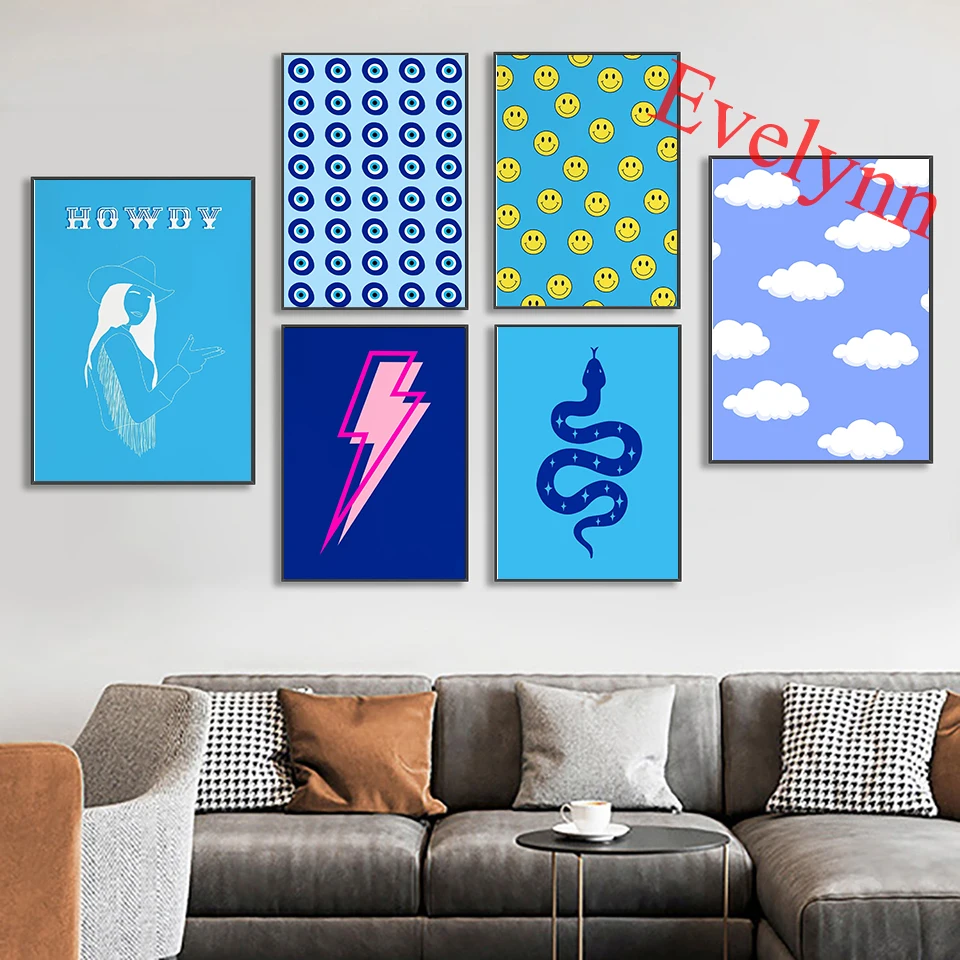 Colorful Art Posters Cheetah Evil Eye Cowgirl Snake Tiger Cloud Smiley Faces Lightning Living Room Decor Canvas Wall Prints - Красочные постеры искусства с гепардом, злым глазом, ковбойкой, змеей, тигром, облаками, улыбающимися лицами, молниями для декора