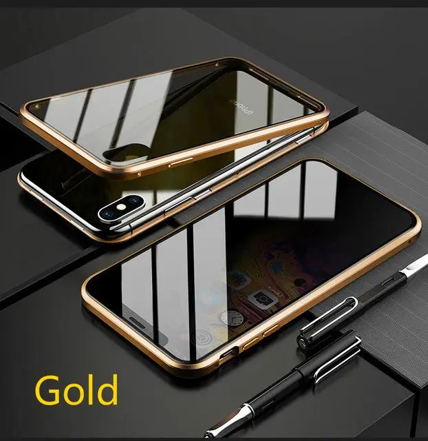 Магнитный двухсторонний чехол из закаленного стекла для iPhone 11Pro 6 7 8 Plus XS чехол для MAX XR анти-писк металлический чехол-бампер - Цвет: Золотой