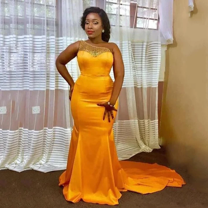 

2020 South African Mermaid Evening Dresses with Beaded One Shoulder Vestidos Formales Prom Sexy Back Robe De Soiree