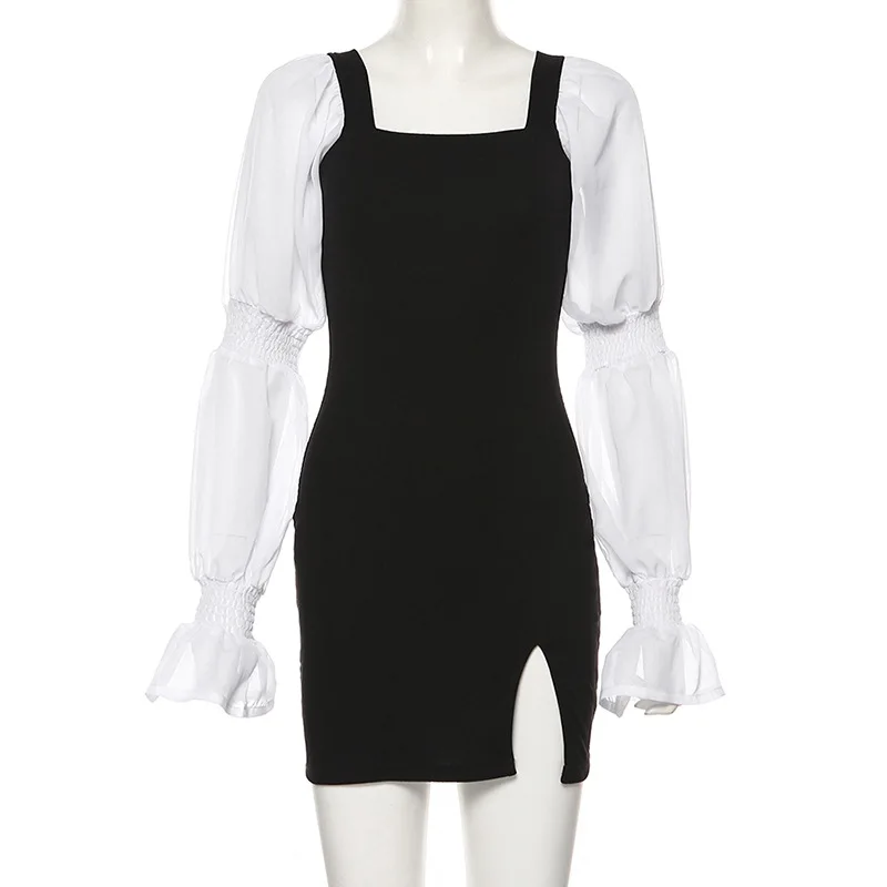 Элегантное сексуальное мини-платье с длинными пышными рукавами в стиле пэчворк