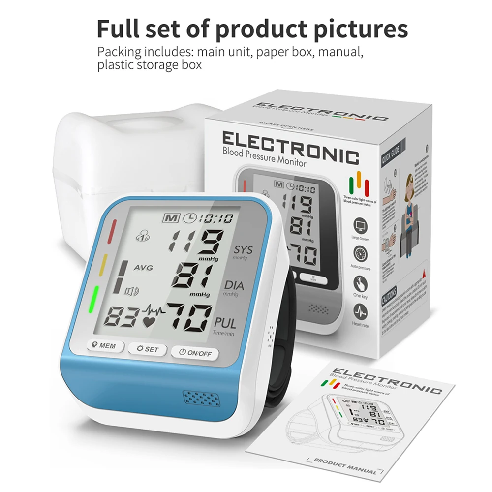 

Wrist blood pressure monitor with Voice Prompt Portable Household Sphygmomanometer Electronic Heart Rate Pulse Tonometer Meter
