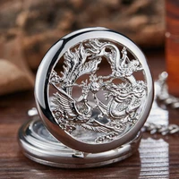 retro mechanical pocket watch dragon play ball steampunk skeleton hand wind flip clock fob watch with chain double hunter gift