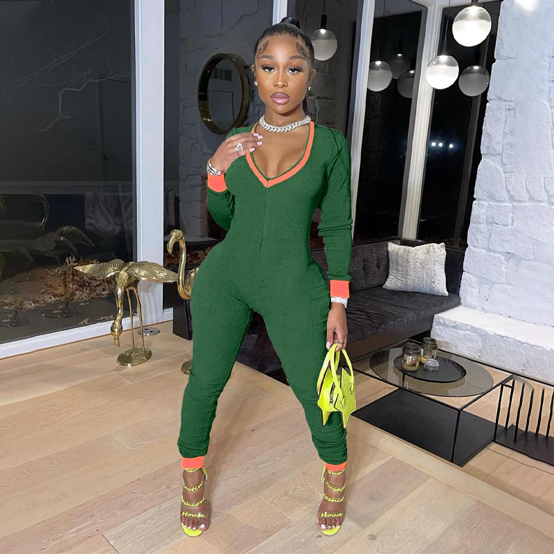 

Cutubly Jumpsuit Spring Summer Women Fashion Sexy Jumpsuit For Women 2021 Long Sleeve Patchwork Zip Up Deep V Streetwear Romper