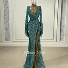 Женское вечернее платье-русалка, бирюзовое голубое платье с длинным рукавом, V-образным вырезом и высоким разрезом, элегантное платье для выпускного вечера, SS430, 2022
