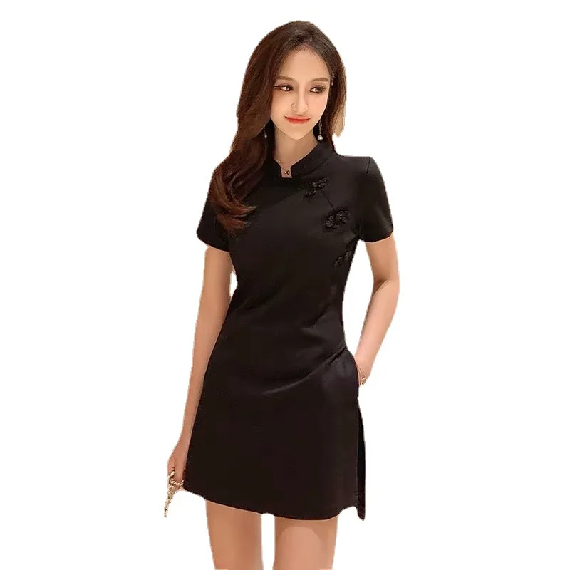 

2021 Spring and Autumn New Net Red Qipao Dress Small Temperament Goddess Style Foreign Style Slim Short Sleeve Skirt