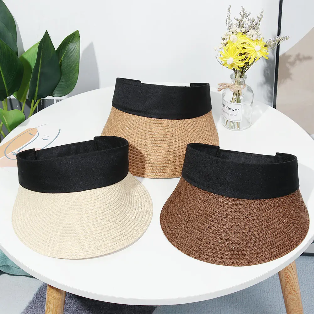 

1PC Empty Top Suncap Portable Foldable Magic Tape Roll-up Wide Brim Women Girls Fishing Sun Beach Hat Casual Straw Cap Visors