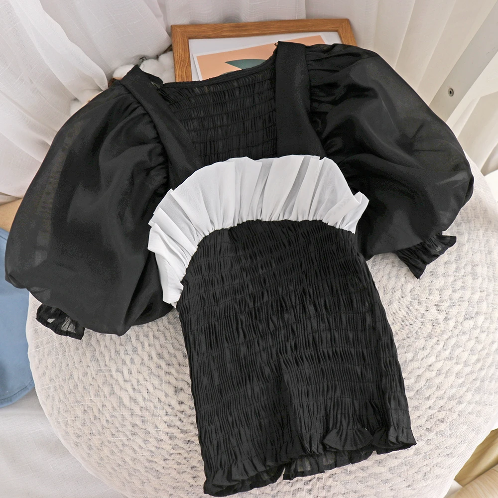 

Summer New Square Collar Contrast Color Short Puff Sleeve Short Shirt Sweet Girl Women Slimming Chiffon Blouse