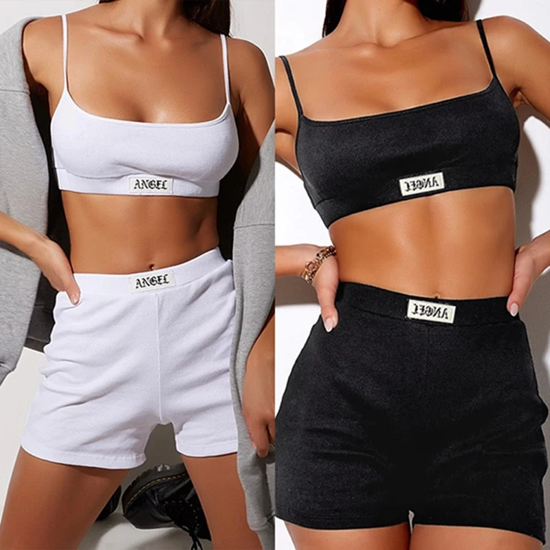 

Summer Women Set Spaghetti Strap Crop Top and Mini Biker Shorts Embroidered Two Piece Sets