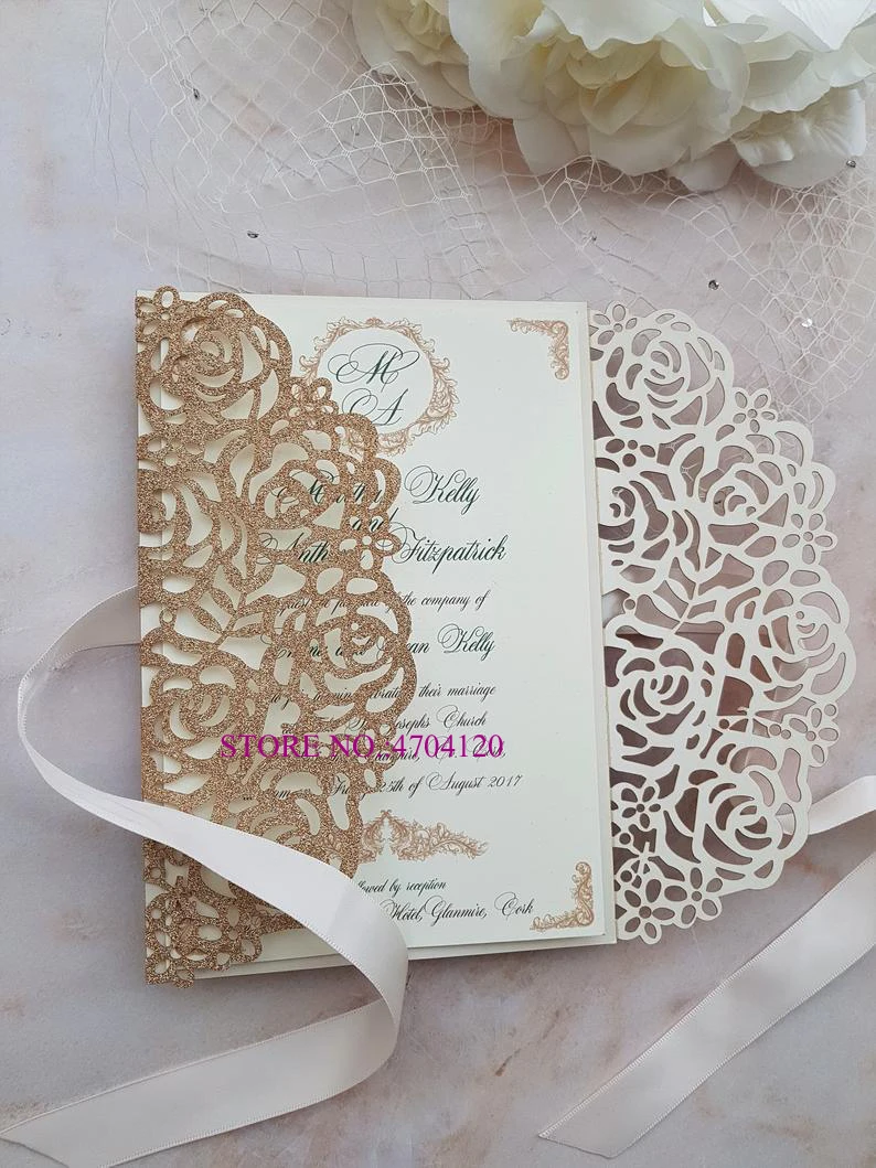 Приглашения на свадьбу с лазерной резкой розовое золото 50 шт. лентой цвета