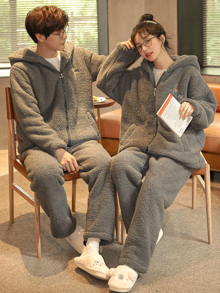 Autumn and Winter Couple Pajamas Women's Coral Fleece Thickened Long-Sleeved Hooded Zipper Men's Flannel Exercise Homewear