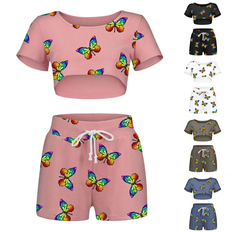 

2021 Summer Cute Pajamas Set Women Pyjamas Sleepwear Nightwear Short Sleeve Homewear Elastic Band Shorts Pants Nightwear Suit