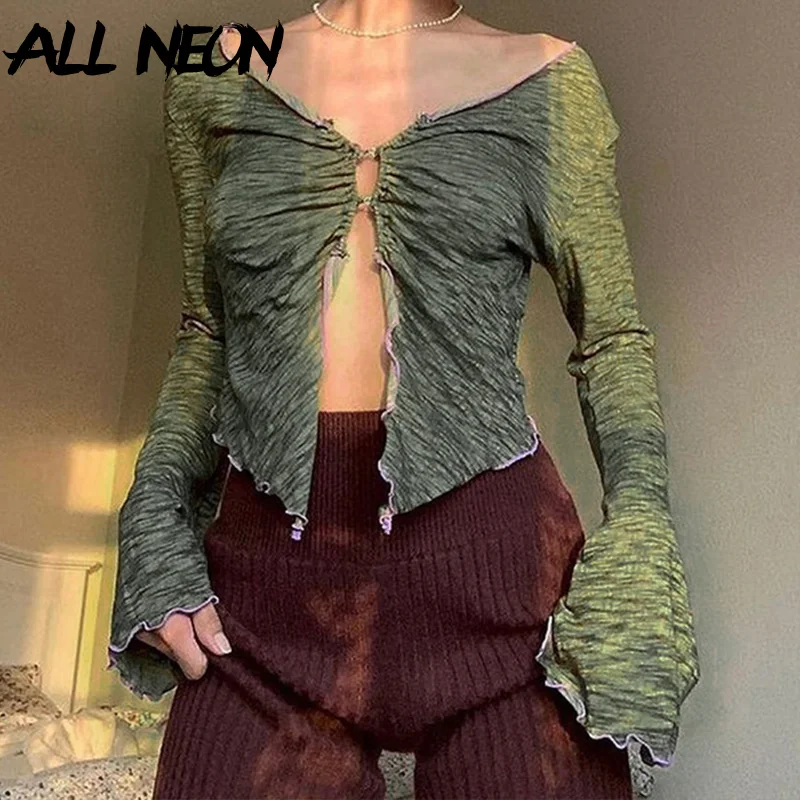 

ALLNeon 90s Aesthetics Ruffles Button Green T-shirts Y2K Fairy Grunge V-neck Flare Sleeve Ruched Slit Crop Tops Sexy Tee Vintage