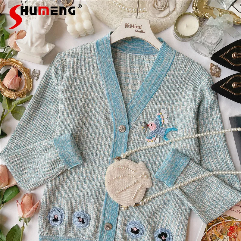 

French Bird Pattern Beaded Bright Silk Knitted Cardigans Coat 2021 Fall New Button Up Straight V-neck Sweater Cardigan Ladies