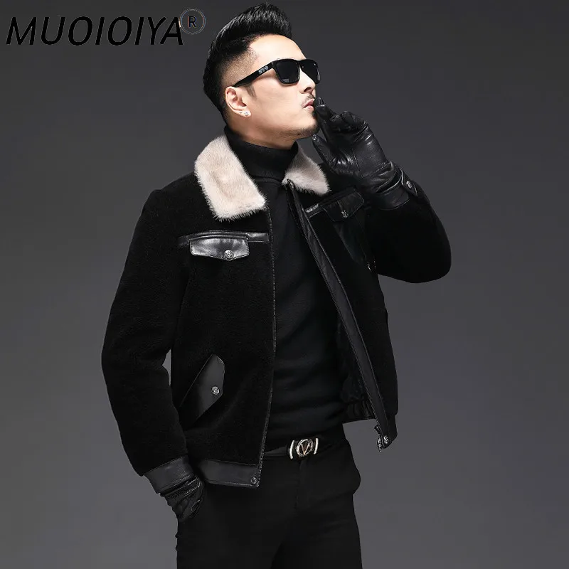 

MUOIOYIA Real Fur Coat Men Winter Jacket 100% Wool Coats Mink Collar Leather Jacket Men Sheep Shearing Fall Men's Jackets19-2701