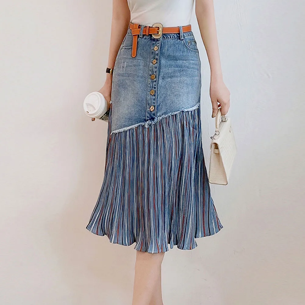 

Women's Skirt Mermaid Tassel Denim Patchwork Long Fashion High Waist Pleated Elegant Female Skirts Ladies Streetwear Autumn Fall