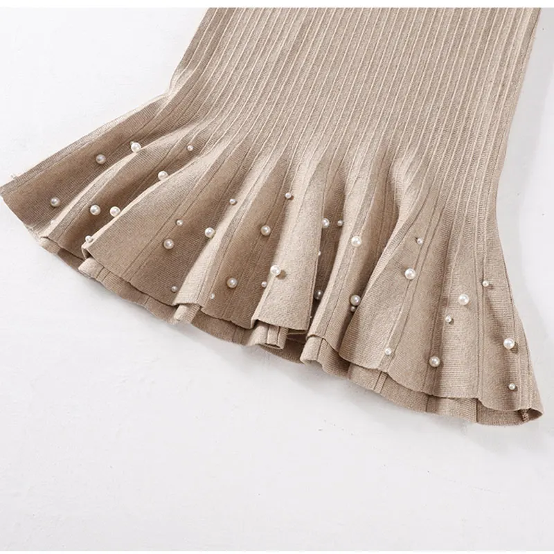 Женская зимняя трикотажная юбка-Русалка с жемчугом и бисером оборками на подоле