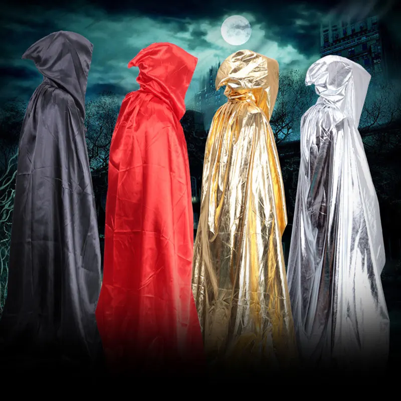 

Halloween Costumes Wizard Cloak For Adults Women Men Long Death Hooded Capes Mantle Black/Silver/Red/Gold Color Party Decoration