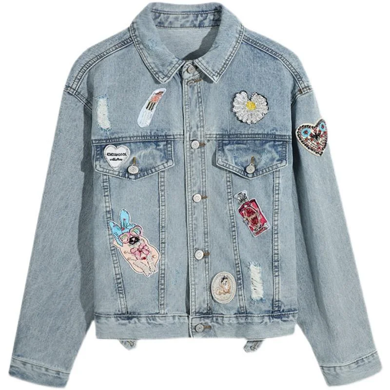 

European Short Washed Denim Jacket Women's Hole Hole 2021 Spring New European Trendy Labeling Design Sense of Niche
