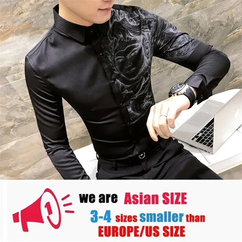 black Платье рубашка Корейская одежда мужская рубашка camisa social Повседневная приталенная мужская с принтом вечерние рубашки для клуба Camisa Masculina - Цвет: black