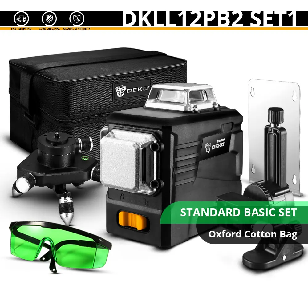 DKLL12PB2 SET1 DEKO DC серия 3D 360 градусов вращающийся самонивелирующийся лазерный уровень зеленый мощный вертикальный горизонтальный 12 поперечных линий внутри/снаружи - Цвет: DKLL12PB2 SET1