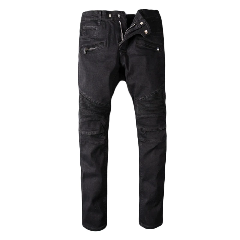 

New men's male trousers European American street jeans trendy black stretch slim-fit fold wrinkle motorcycle denim pants 964