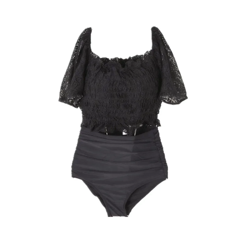 

One Piece For Women Swimwear Push Swimsuit Up 2021 Plus Size Bathing Suit New Lace Bubble Long Sleeve Shoulder Split High Waist
