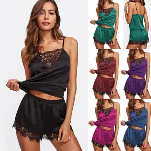 Комплект женской атласной пижамы, топ без рукавов и шорты, кружевное нижнее белье для лета, ночные костюмы