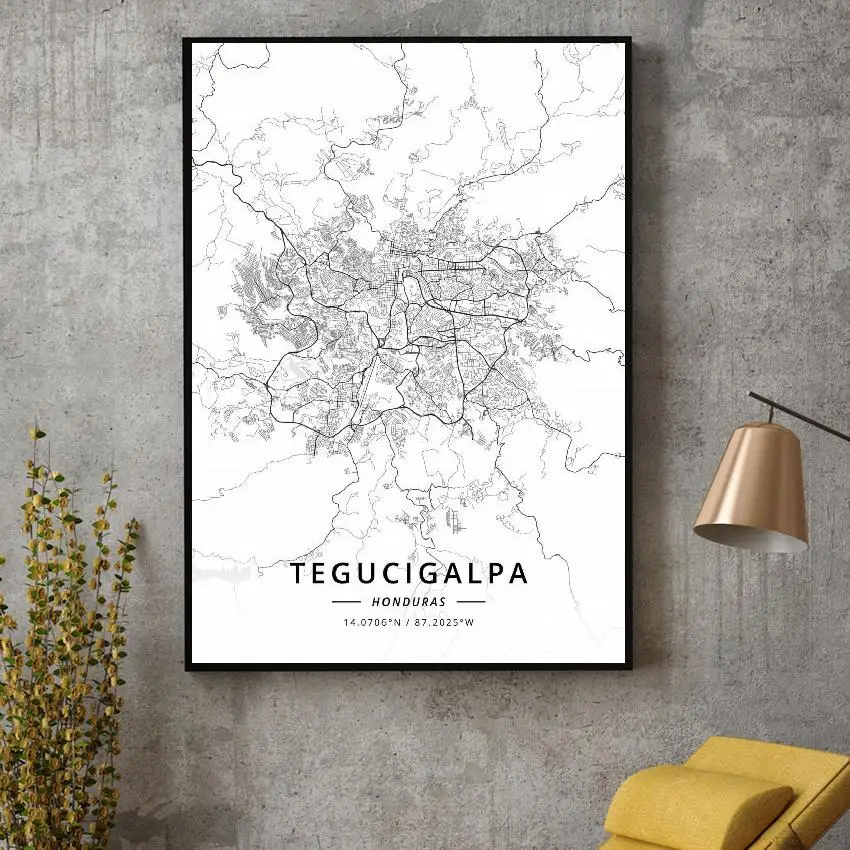 

Black and White Tegucigalpa Honduras White Latitude Longitude Canvas Art Map Poster