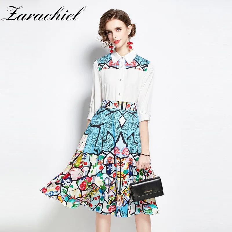 Женский комплект из 2 предметов рубашка с коротким рукавом и юбка-трапеция миди