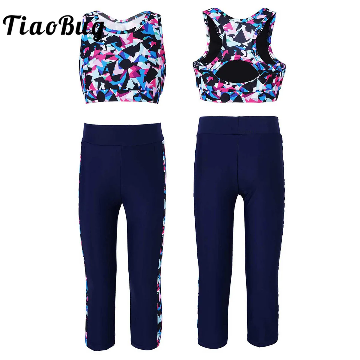

Kids Girls Child Dance Sets Gymnastics & Dancewear Outfit Digital Print Sleeveless Mesh Racer Back Tanks Crop Top with Leggings