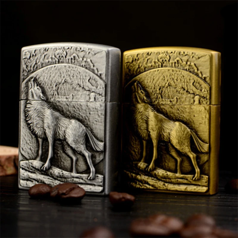 Винтажная рельефная Зажигалка на реактивных колесах Wild Wolf& Moon портативная сигаретная дымовая надувная Классическая Бутановая газовая зажигалка