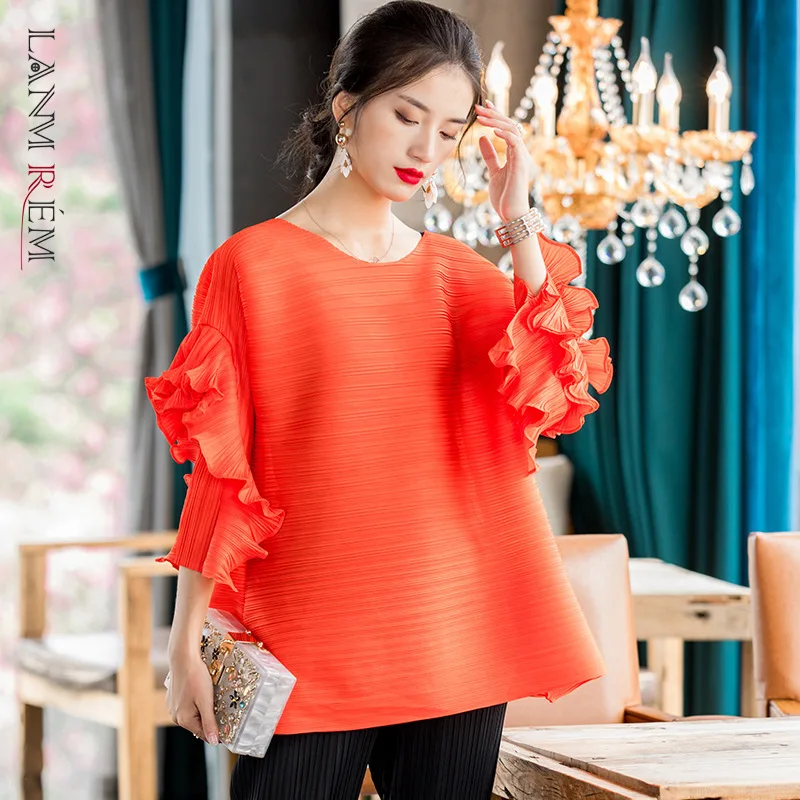 LANMREM 2021 Новая Осенняя Однотонная футболка с круглым воротником и рукавами