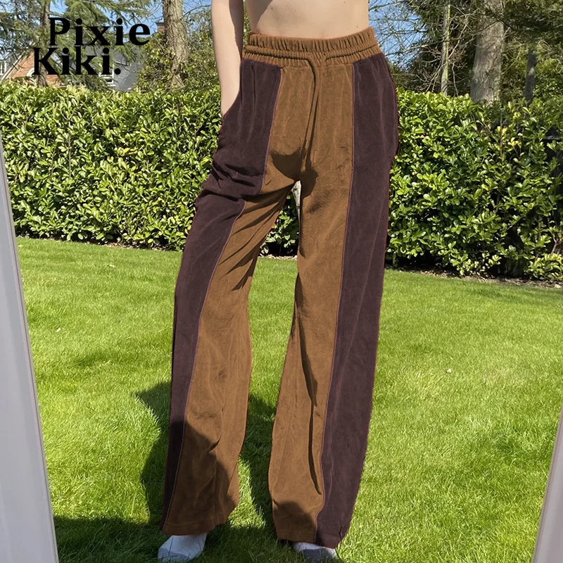 

PixieKiki Patchwork Velvet Brown Sweatpants Women High Waisted Wide Leg Pants Fall Winter Casual Loose Trousers P67-DC50