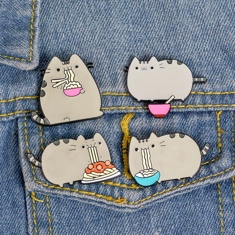 

Cartoon Noodles Cat Enamel Pins Custom Food And Kitten Animal Brooches Bag Lapel Pin Kawaii Badge Jewelry Gift for Kids Friends
