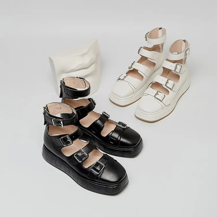 

MLJUESE 2021 Women Sandals Cow leather Summer Gladiator Square toe Buckle Strap Platform High Heels Sandals Shoes