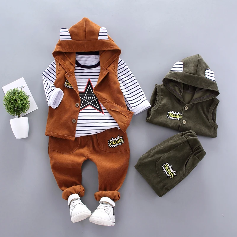 Spring Autumn Children Baby Casual Hooded Vest Pants 3pcs/sets Infant Sports Clothes Outfit Toddler Suits Boys Kids Tracksuits |
