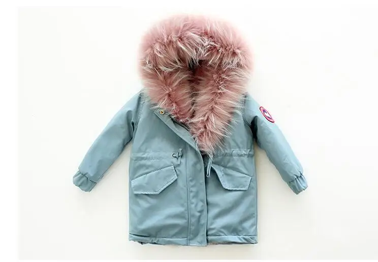 blue with pink fur Зимняя Детская куртка-пуховик из искусственного меха детское теплое пальто с мехом внутри детская верхняя одежда с капюшоном длинное пальто цвета хаки - Цвет: blue with pink fur