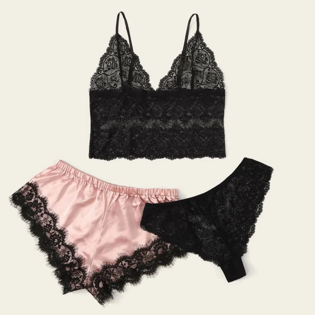 Новая Сексуальная кружевная и атласная пижама в комплекте из 3 предметов
