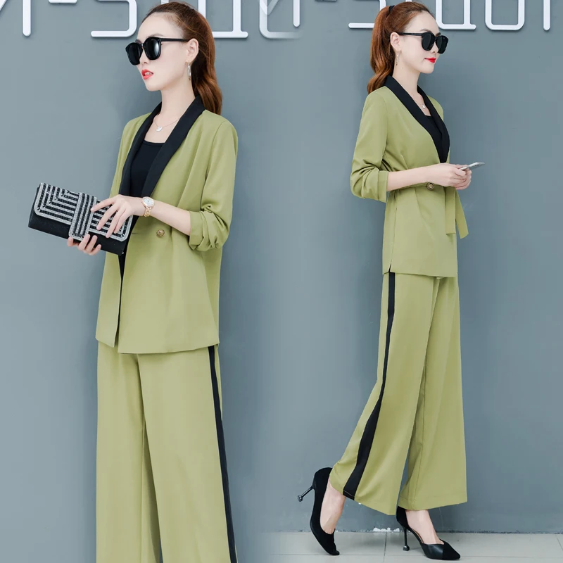 

Autumn Women Loose Top Belt V Neck Blazer Jacket Loose Trousers Professional Suit Wide-Legged Pants Suit Two-Piece Outfit Set