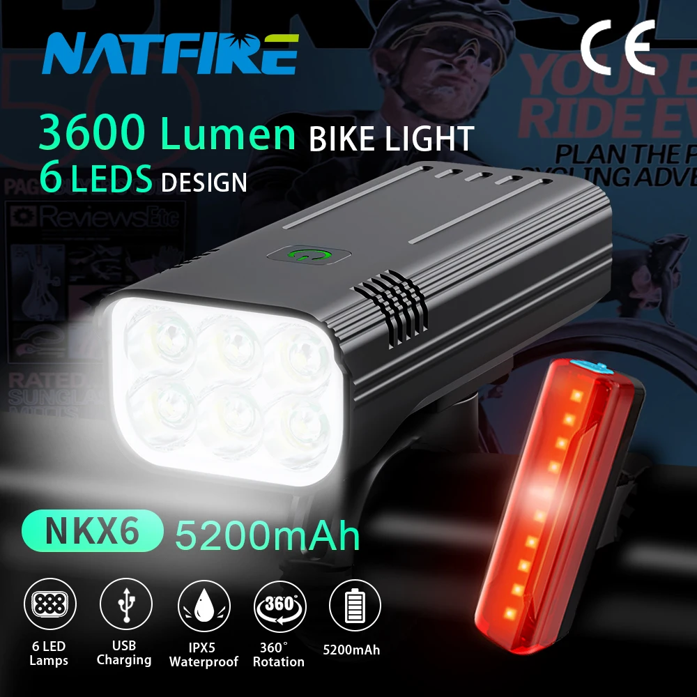 Невероятно яркий велосипедный фонарь NATFIRE на 6 светодиодах яркостью 3600 люмен