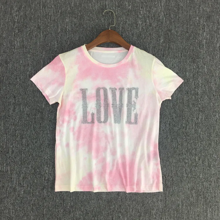 Женская футболка с принтом «Tie-dye», Женская хлопковая футболка с надписью «Hot Drilling LOVE», женская одежда с коротким рукавом и градиентом