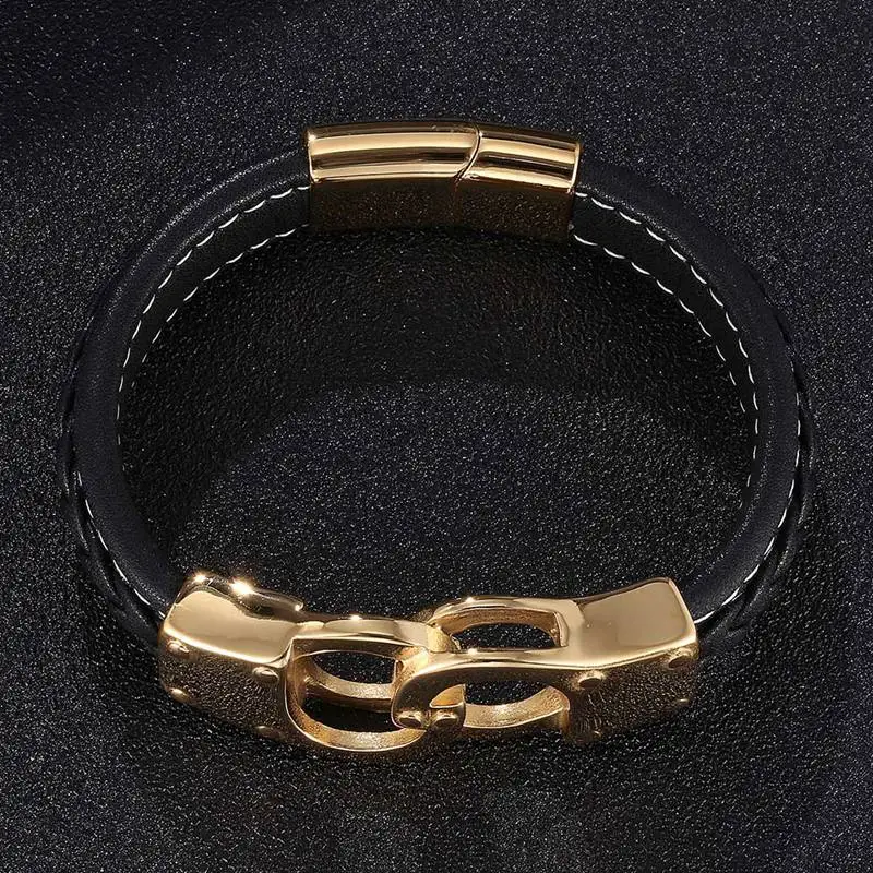 Панк ювелирные изделия для мужчин черный кожаный браслет Золотые наручники из