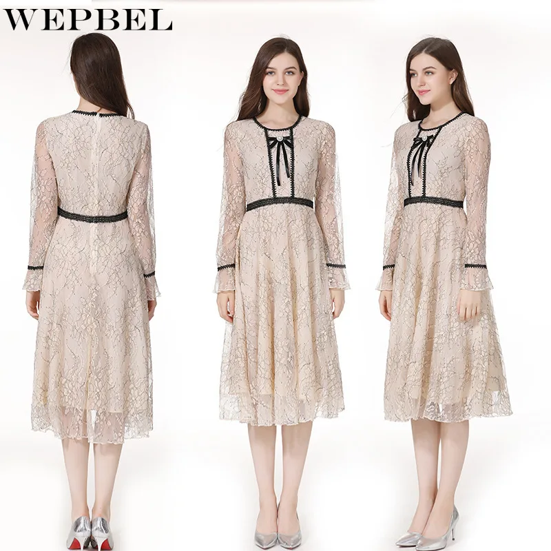 

WEPBEL Long Sleeve O-Neck Dress Women's Casual Embroidered Mesh See-through Slim Dress Autumn High Waist Bow Stitching Dress