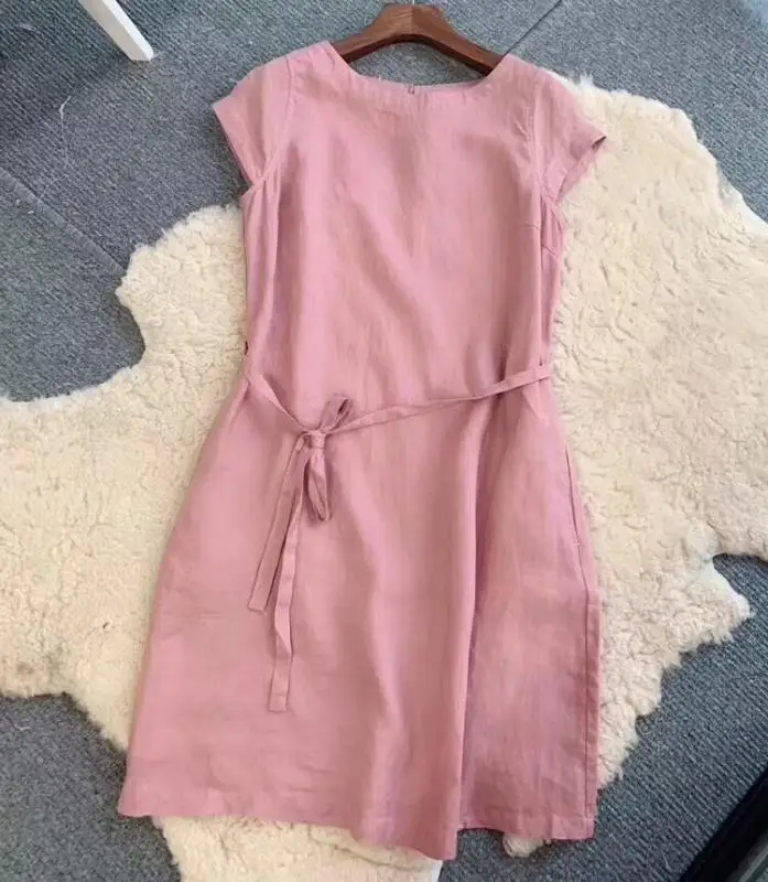 

Linen Women Dress Comfortable Breathable Temperament Waist Dress