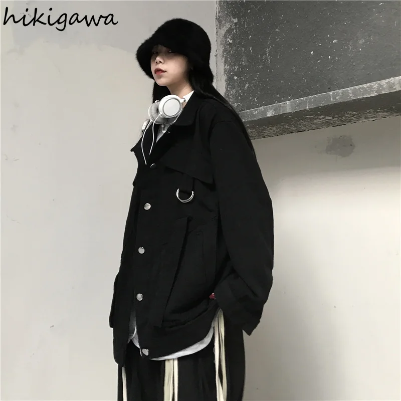 

Hikigawa Women Jacket Black Gothic Loose Coat Ladies Long Sleeve Mujer Chaqueta Japanese Fashion Harajuku Hip-hop Outwear Tops