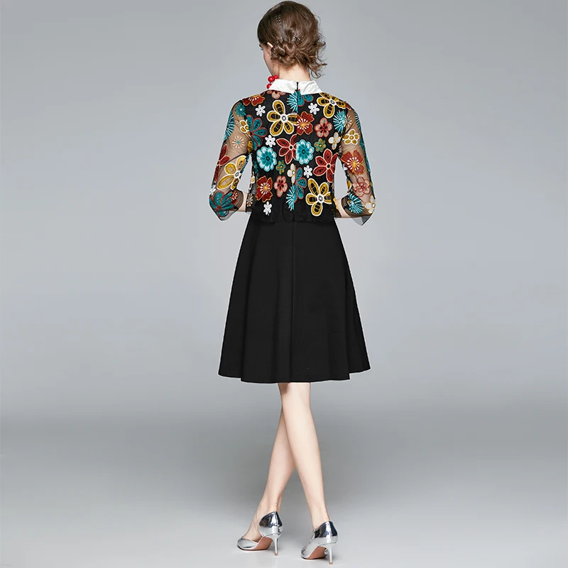 

Zoulv Spring Embroidery Stitching Dress Loose Ladies Print Elegant A-line Dress Casual Doll Collar Waist Slim Mid-length Skirt